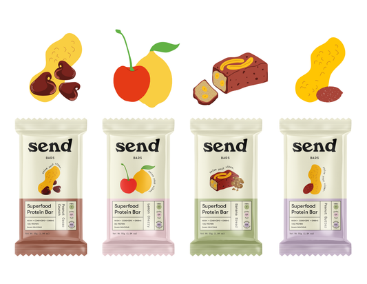 SEND bars in all flavors, Peanut Cacao Crunch, Lemon Cherry, Banana Bread, Peanut Butter