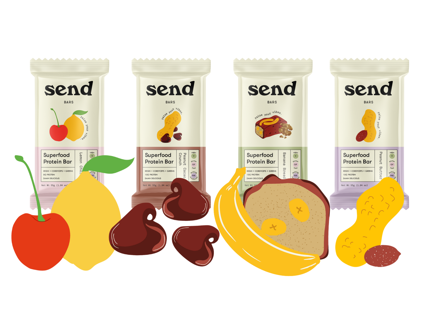 SEND bars in all flavors, Peanut Cacao Crunch, Lemon Cherry, Banana Bread, Peanut Butter
