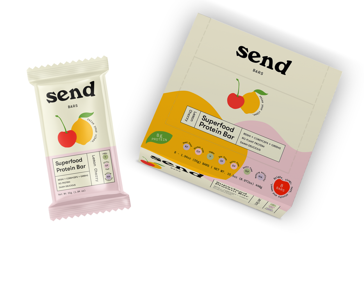 SEND superfood protein bar, Lemon Cherry box packaging