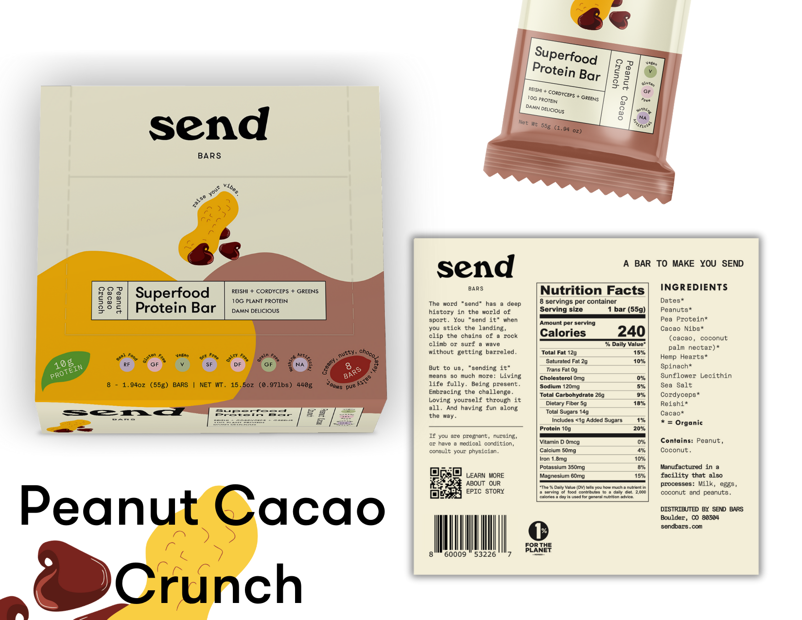 SEND superfood protein bar, Peanut Cacao Crunch with box packaging