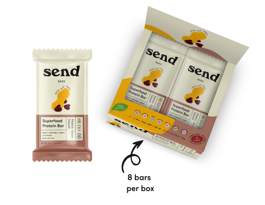 SEND superfood protein bar, Peanut Cacao Crunch with box packaging