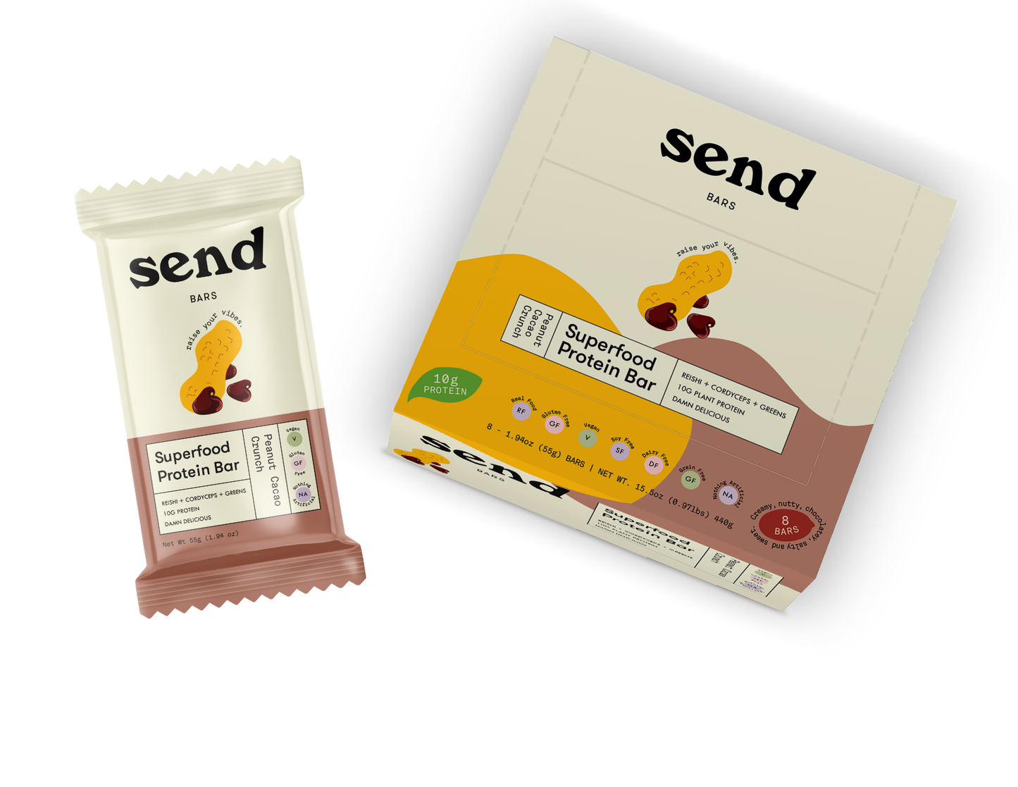 SEND superfood protein bar, Peanut Cacao Crunch with box packaging